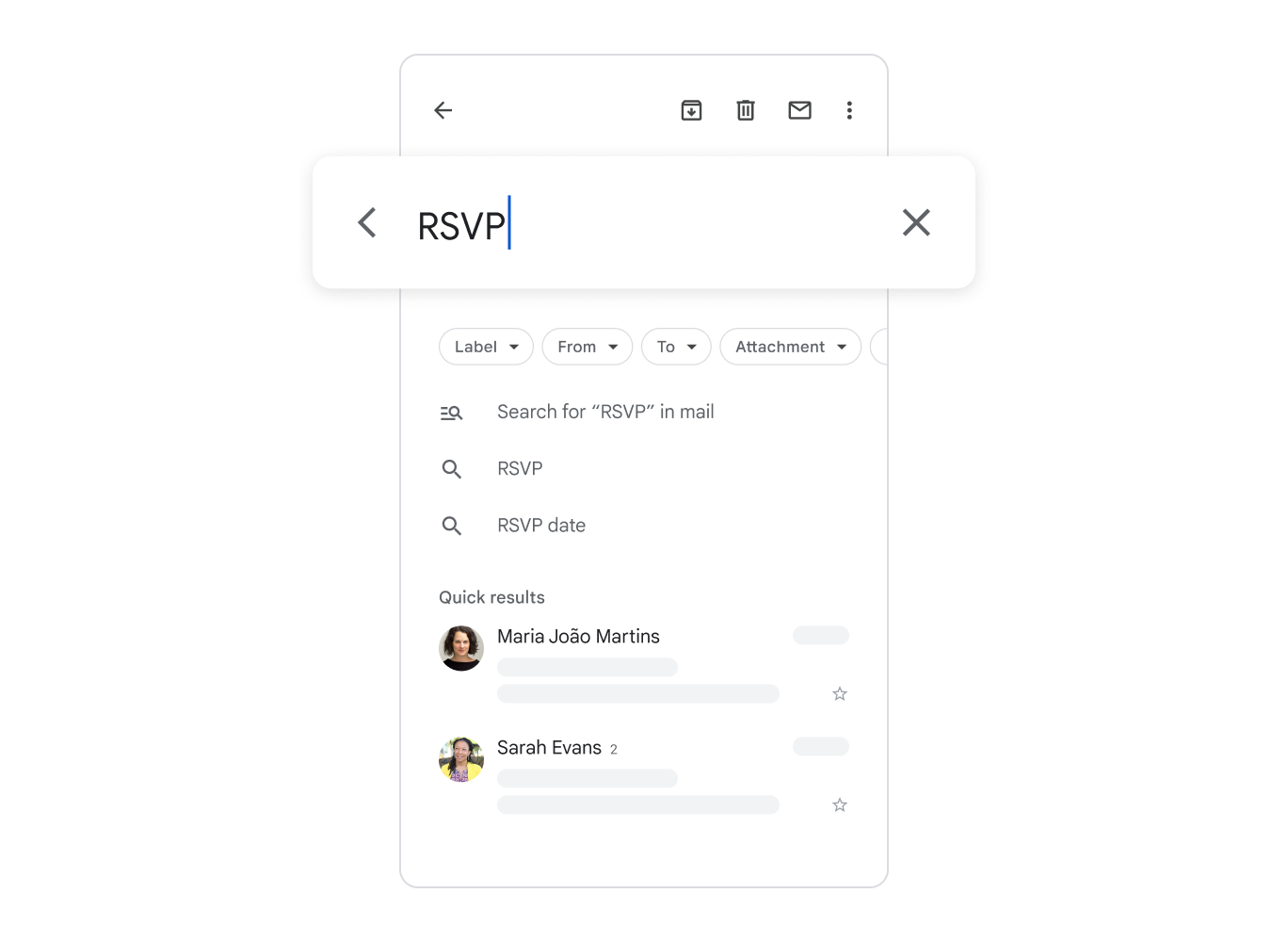 Uma interface de smartphone simplificada mostra uma barra de pesquisa com a sigla "RSVP" digitada e os resultados da busca na parte de baixo.