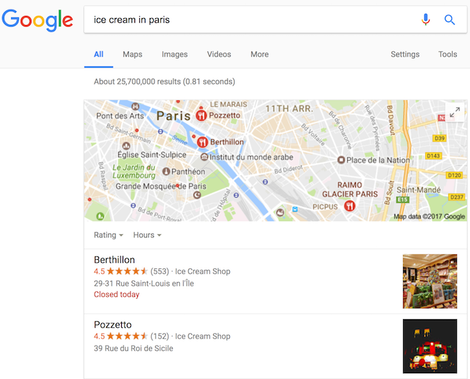 ผลการค้นหาของ Google Search สำหรับร้านไอศกรีม แสดงผลการค้นหาที่เป็นสื่อสมบูรณ์ซึ่งเปิดใช้โดยข้อมูลที่มีโครงสร้าง