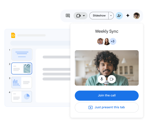 팀원 중 한 명이 Google Slides 프레젠테이션 내에서 주간 영상 통화에 참여합니다. 
