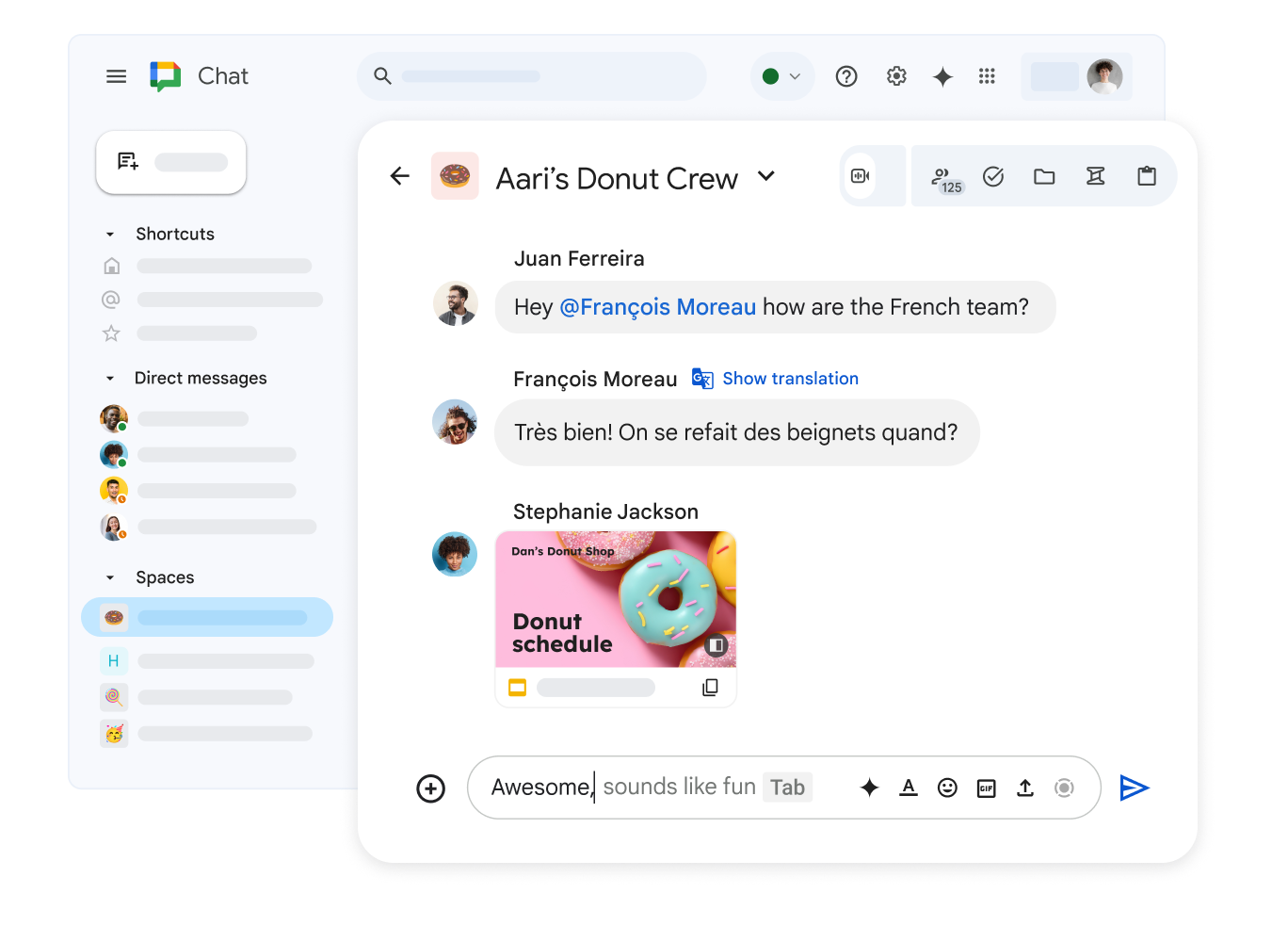 Google Chat ‑tila nimeltä "Dan’s Donut Crew", jossa näkyy jaettu Google Slides ‑esitys, ranskaksi kirjoitettu viesti ja mahdollisuus katsoa viestin käännös.