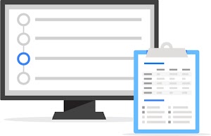 Illustrazione di un monitor di computer che mostra un elenco di testo, con un blocco appunti in primo piano