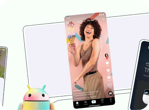 パソコン画面の線画イラストの前に、マルチカラーの Android ロボットと、TikTok クリエイターのカラフルな動画が表示されたスマートフォン画面が配置されている。