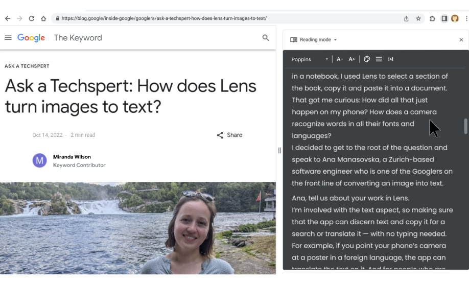 A website article is viewed in Reading Mode, an in-browser panel that makes text easier to read.