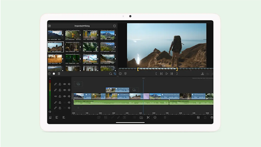 Um tablet mostrando uma tela de edição de vídeos com filmagens de trilha no app Lumafusion.