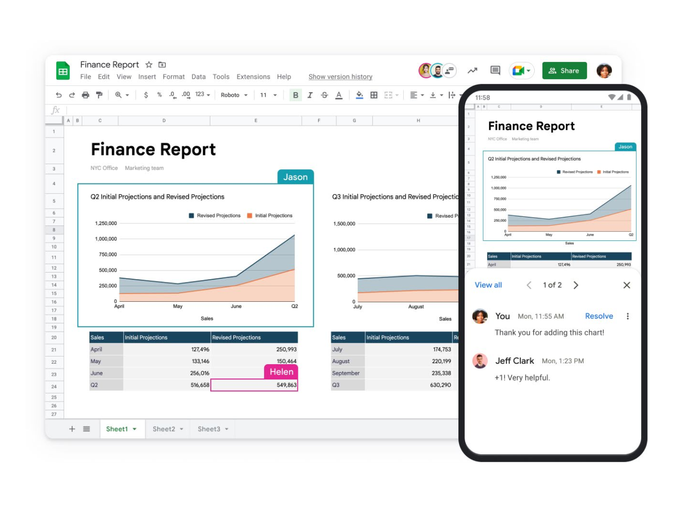 Hoja de cálculo de Google llamada "Informe financiero" que se muestra en un portátil y en la pantalla de un móvil. 