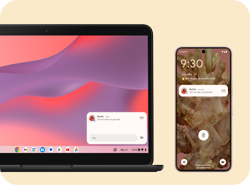 Un Chromebook y un teléfono, uno al lado del otro, muestran una alerta de un mensaje de texto de "Rachel".