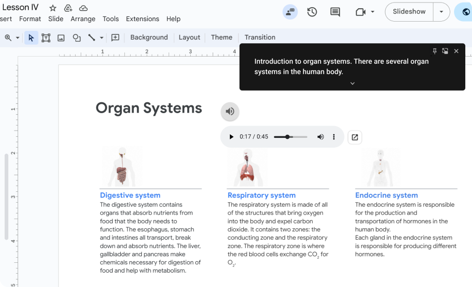 Real-time closed captions display as a speaker presents a Google Slides presentation.