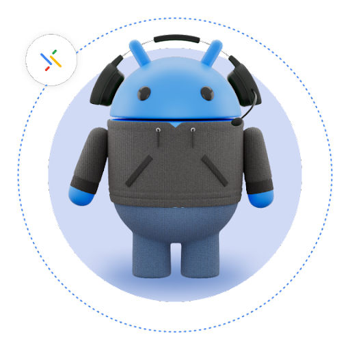 Un robot de Android azul que lleva unos auriculares y una camiseta gris, con un icono de emparejamiento que lo rodea siguiendo una línea de puntos.