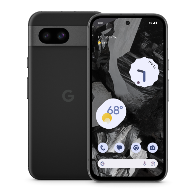 The front and back of a Google Pixel 8a phone.