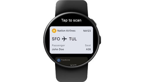 在 Wear OS 智能手錶上輕按進入「Google 錢包」，即可存取美國國家航空登機證的 QR 碼。