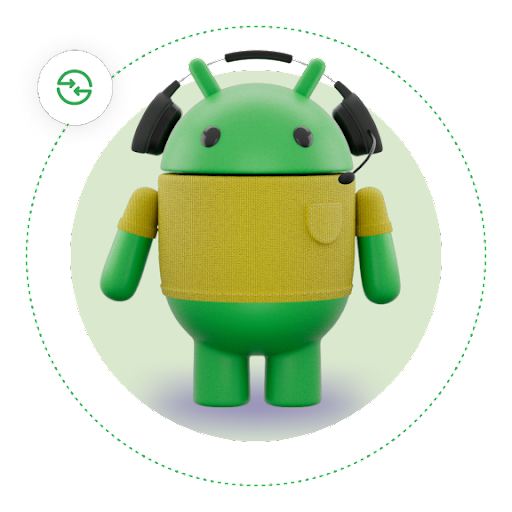 Un robot de Android verde que lleva unos auriculares y una camiseta marrón, con un icono de Quick Share que lo rodea siguiendo una línea de puntos.