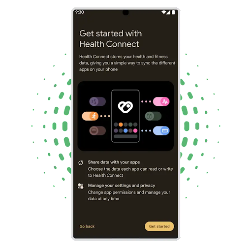 Android ayarlar ekranında "Health Connect'i kullanmaya başlama" sayfası açık. Sayfada, sağlık verilerinin nasıl paylaşılabileceği, ayrıca ayarlarınızı ve gizliliğinizi nasıl yönetebileceğiniz hakkında ayrıntılar gösteriliyor.