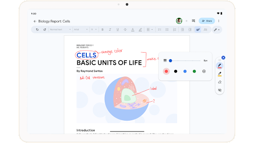 Android 태블릿의 Google Docs에서 필기 입력 주석으로 생물학 보고서를 마크업합니다.