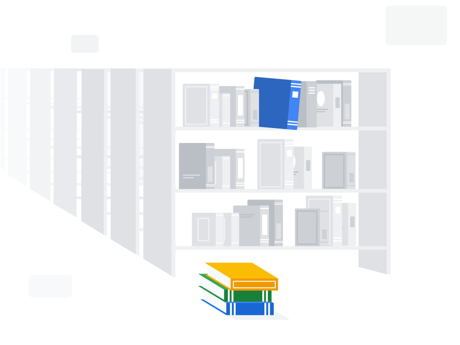 Colorful books highlighted against rows of gray library shelves