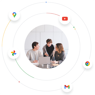 Three people work together on a laptop, surrounded by Google product logos to show the Google ecosystem.