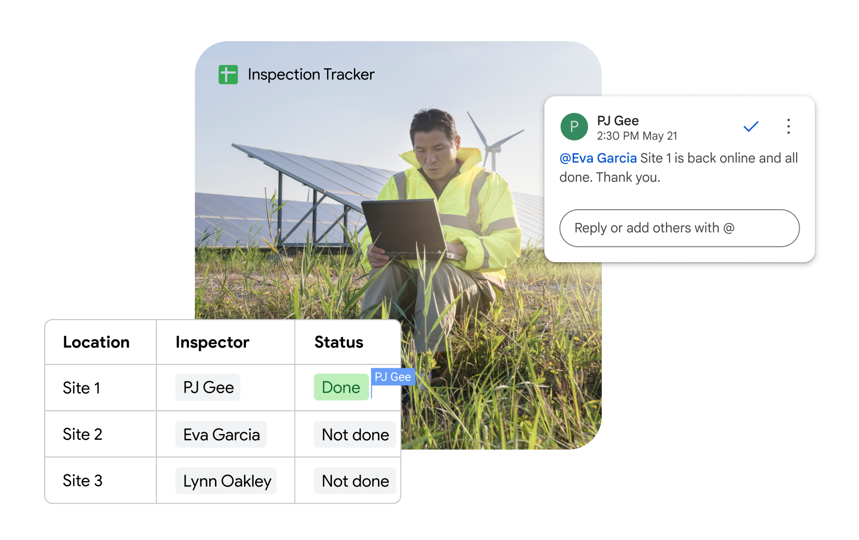 ผู้ตรวจสอบแผงโซลาร์เซลล์ทำงานร่วมกันใน Google ชีตชื่อ "Inspection Tracker" 