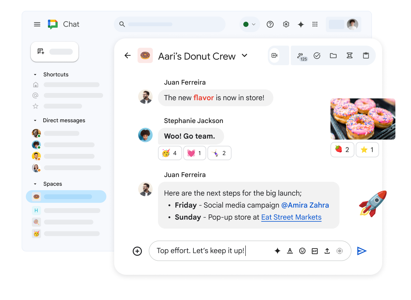 Чат-группа Google Chat под названием "Dan’s Donut Crew", в которой участники выражают себя и свои эмоции с помощью форматирования текста, реакций и изображений.