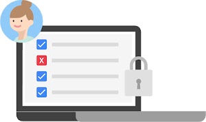 Illustration of a monitor with a list of bulleted items: 3 of 4 have blue checkmarks, but the 2nd has a red X. A round picture of a woman's face hovers over the upper left, and a locked padlock over the lower right