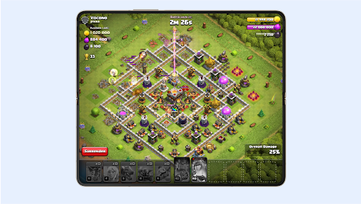 A Clash of Clans battleground displayed on a foldable phone’s screen.