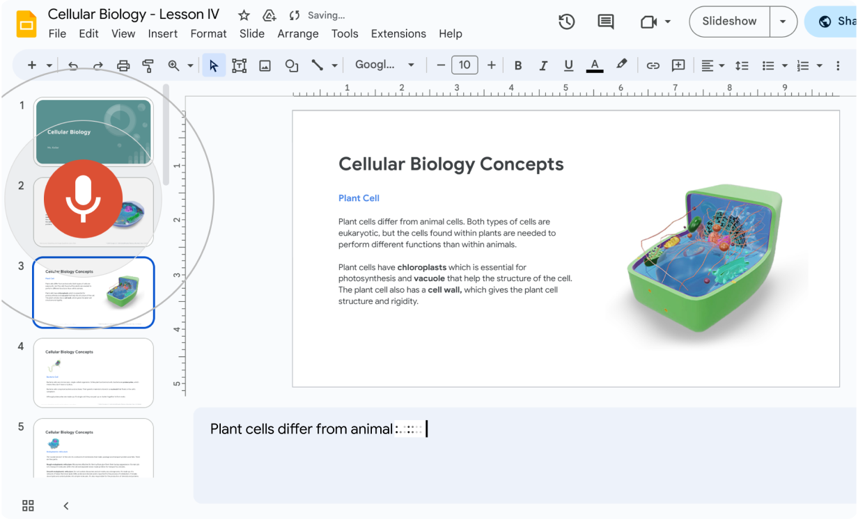 La fonctionnalité de dictée vocale de Google est utilisée pour ajouter les commentaires du présentateur dans une présentation Google Slides.