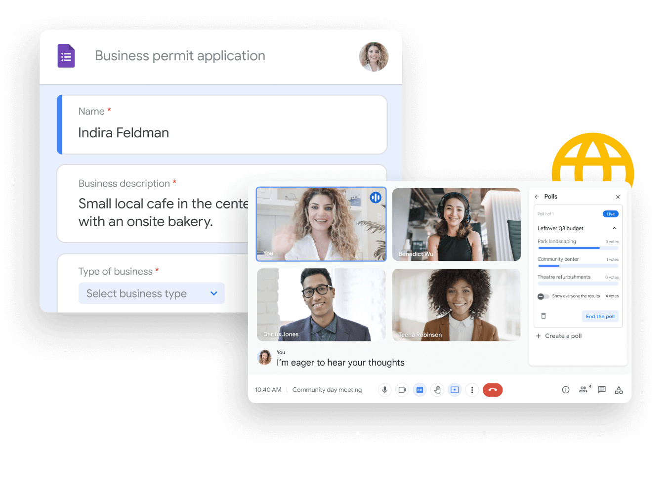 Illustrasjonsgrafikk for Workspace – kolleger deler og redigerer Google-regneark sømløst med Google Chat