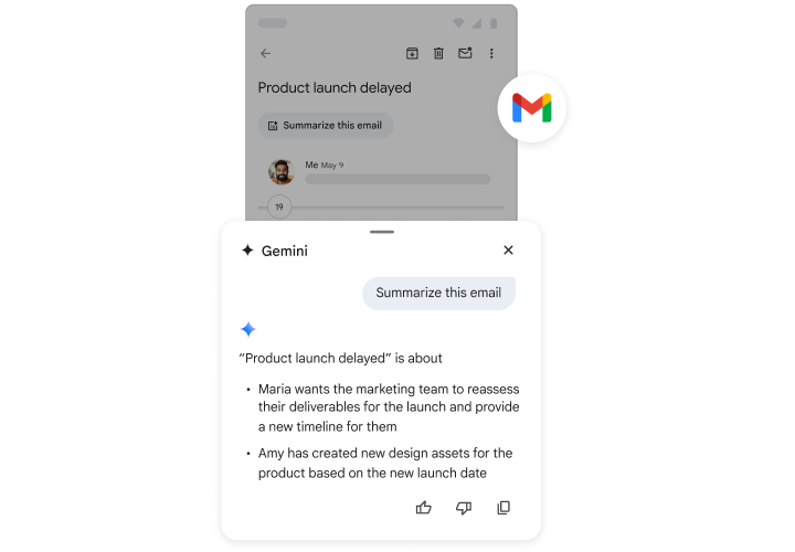 Gemini ayudando a un usuario con un resumen de un correo.