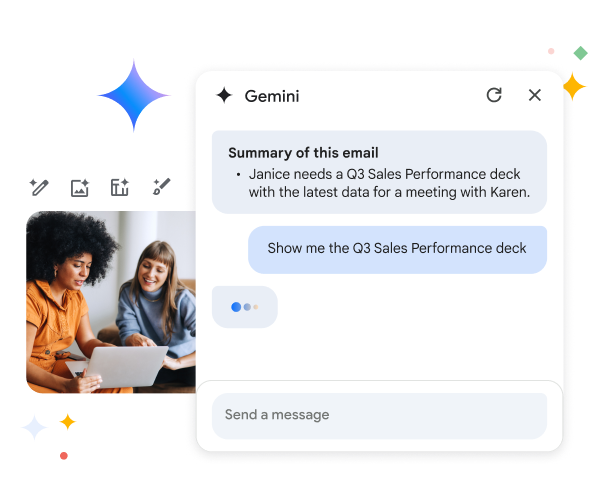 زملاء في العمل يستخدمون Gemini للتعاون في عرض تقديمي ترويجي للمبيعات