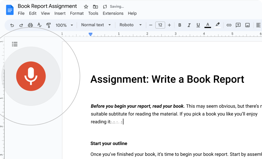 Un utilisateur modifie une fiche de lecture dans Google Docs en ajoutant du texte grâce à la fonctionnalité de dictée.