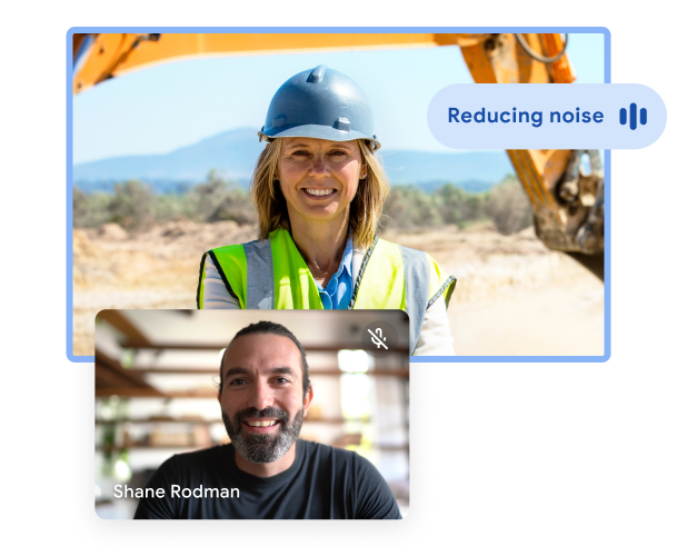 Google Meet video call with one user in a living room and one user outdoors, with product UI depicting Active Noise Cancellation. 