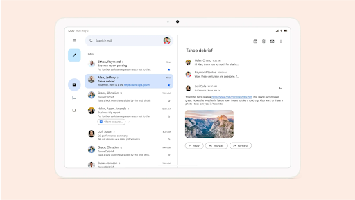 Gmail on a tablet screen with an opened email alongside the trail of emails in the inbox.