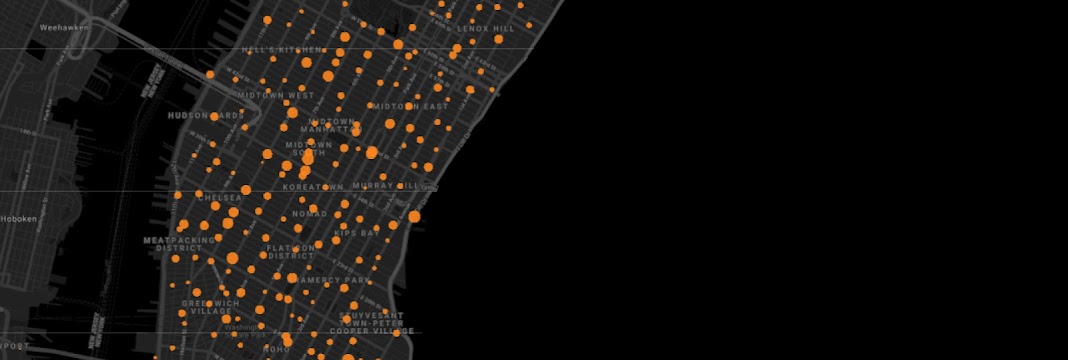 Overhead view of Manhattan, overlayed with different sized circles