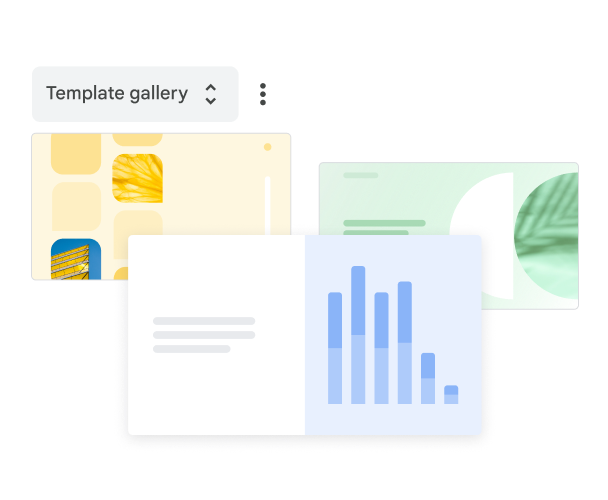 템플릿 갤러리에서 선택할 수 있는 미리 디자인된 Google Slides 템플릿 세 개를 보여주고 있습니다.