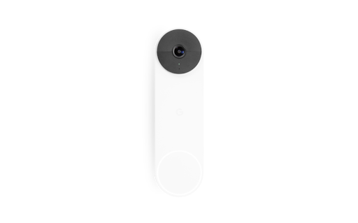 Un Nest Doorbell blanco y alargado con la lente de una cámara.