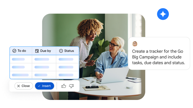 Двоє людей створюють трекер кампанії за допомогою Gemini у Таблицях. 