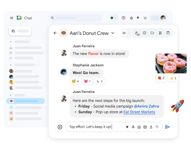 A Chat space called 'Dan's Donut Crew' showing a variety of ways that people can express themselves including rich text formatting, reactions and images.