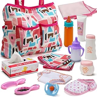 14 Pack Baby Doll Accessories, Baby Doll Feeding and Caring Set includes Diaper Bag, Doll Diapers, Magic Bottle, Changing ...