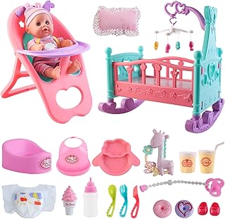 deAO 12” Baby Doll Play Set with Crib, Mobile, High Chair Feeding Accessories, Interactive Dolls for Girls Kids Pretend Pl...