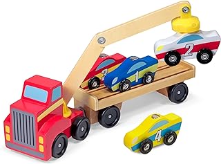 Melissa & Doug Magnetic Car Loader Wooden Toy Set With 4 Cars and 1 Semi-Trailer Truck