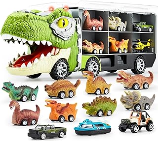 JOYIN 13 in 1 Dinosaur Toys for Kids 3-5, Dinosaur Truck with 12 Pull Back Cars, Dinosaur Cars Set, Birthday Gifts Toys fo...