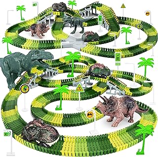 Dinosaur Toys, 252 PCS Create A Dinosaur World Road Race Tracks, Flexible Track Playset, 2pcs Dinosaur Car for 3 4 5 6 Yea...