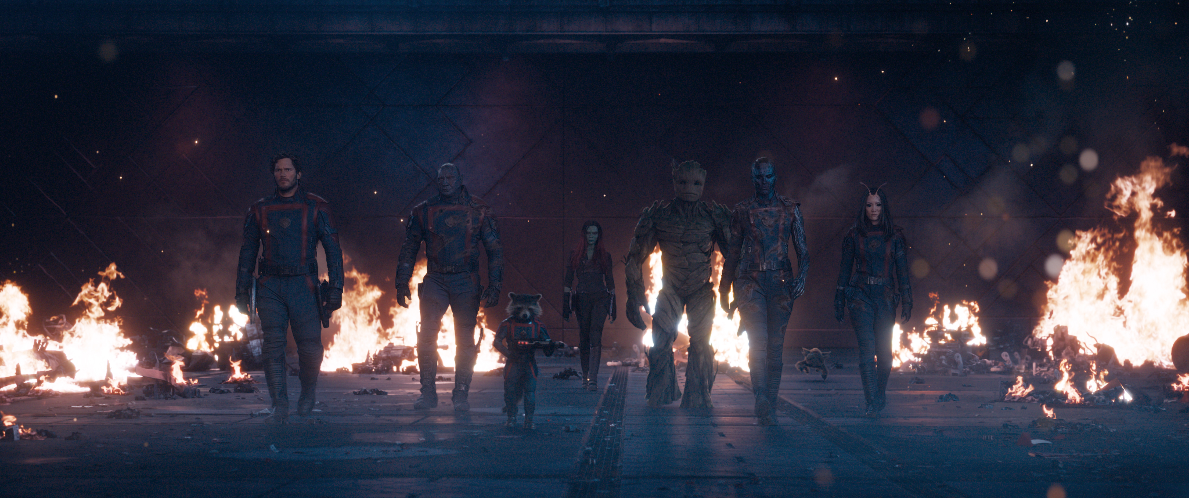 Vin Diesel, Dee Bradley Baker, Bradley Cooper, Sean Gunn, Chris Pratt, Zoe Saldana, Dave Bautista, Karen Gillan, Pom Klementieff, and Austin Freeman in Guardians of the Galaxy Vol. 3 (2023)