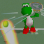 Yoshi charging a left-handed overhead shot in Mario Tennis.