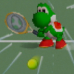 Yoshi charging a left-handed backhand shot in Mario Tennis