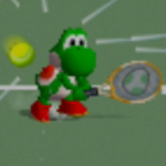 Yoshi charging a backhand shot in Mario Tennis.