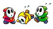 Artwork of three Shy Guys inYoshi Topsy-Turvy (later reused for Yoshi's Island DS)