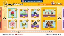 Screenshot of Merry Mini-Land's level select screen from the Nintendo Switch version of Mario vs. Donkey Kong