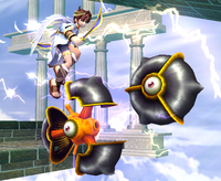 Pit flies toward two Glunders in Super Smash Bros. Brawl.