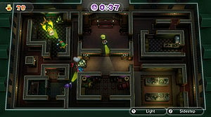 A gameplay screenshot of Luigi's Ghost Mansion from Nintendo Land.