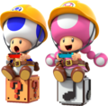 Builder Toad and Toadette playing on top of a ? Block and a Note Block