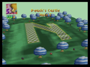 The fifth hole of Peach's Castle from Mario Golf (Nintendo 64)